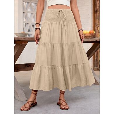 Women's Summer Ruffle Maxi Skirts High Waist Elastic Pleat Drawstring Casual Boho Flowy Long Skirt