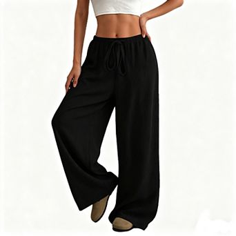 Women's Drawstring Wide Straight Leg Crinkle Gauze Long Pants Loose Fit Summer Casual Loungewear