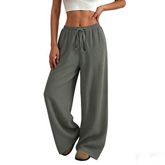 Women's Drawstring Wide Straight Leg Crinkle Gauze Long Pants Loose Fit Summer Casual Loungewear