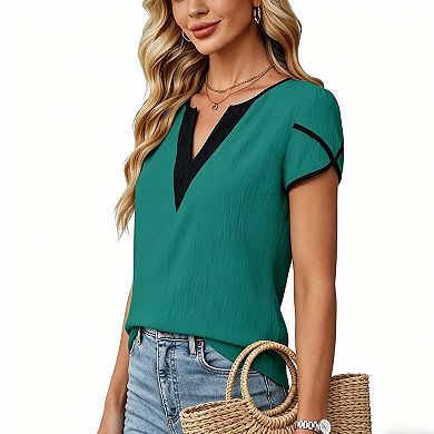 Women's Color Block V Neck Blouse, Short Sleeve Petal Cuff Casual Work Shirt