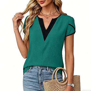 Women's Color Block V Neck Blouse, Short Sleeve Petal Cuff Casual Work Shirt