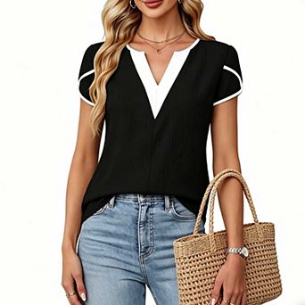 Women's Color Block V Neck Blouse, Short Sleeve Petal Cuff Casual Work Shirt