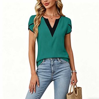 Women's Color Block V Neck Blouse, Short Sleeve Petal Cuff Casual Work Shirt