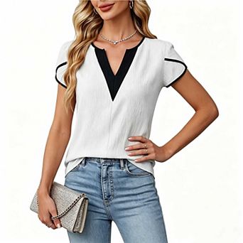 Women's Color Block V Neck Blouse, Short Sleeve Petal Cuff Casual Work Shirt