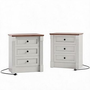 Farmhouse Nightstand Charging Station, 3 Drawers, Roman Column Design for Bedroom or Living Room