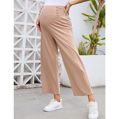 Womens Maternity Elastic High Waisted Wide Leg Loose Casual Pants with Button Decor and Pockets