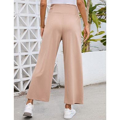 Womens Maternity Elastic High Waisted Wide Leg Loose Casual Pants with Button Decor and Pockets