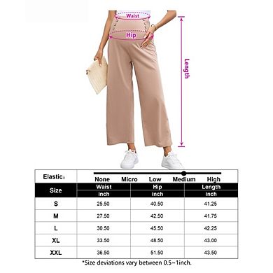 Womens Maternity Elastic High Waisted Wide Leg Loose Casual Pants with Button Decor and Pockets