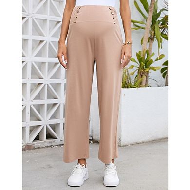 Womens Maternity Elastic High Waisted Wide Leg Loose Casual Pants with Button Decor and Pockets
