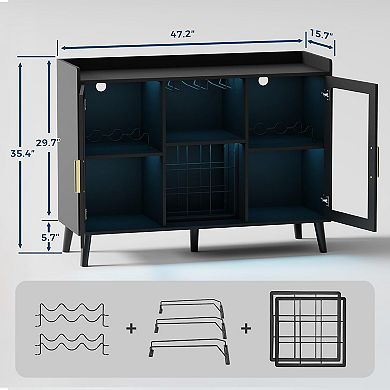 Modern Wine Bar Cabinet with LED Lighting, Glass Doors and 18-Bottle Wine Rack