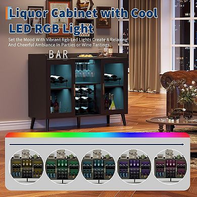 Modern Wine Bar Cabinet with LED Lighting, Glass Doors and 18-Bottle Wine Rack