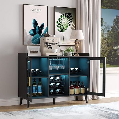 Modern Wine Bar Cabinet with LED Lighting, Glass Doors and 18-Bottle Wine Rack