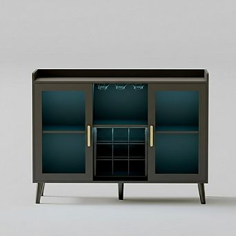 Modern Wine Bar Cabinet with LED Lighting, Glass Doors and 18-Bottle Wine Rack