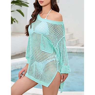 Women's Long Sleeve Hollow Knit Sweater Crewneck Side Slit Pullover