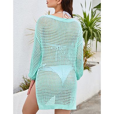Women's Long Sleeve Hollow Knit Sweater Crewneck Side Slit Pullover