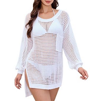 Women's Long Sleeve Hollow Knit Sweater Crewneck Side Slit Pullover