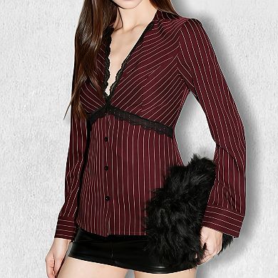 Women's Lace Trim Long Sleeve Striped Shirt - Fitted Button Down Blouse