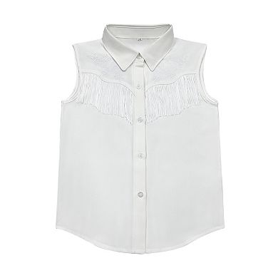 Girls Sleeveless Fringe Embroidered Button Down Shirt Top