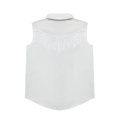 Girls Sleeveless Fringe Embroidered Button Down Shirt Top