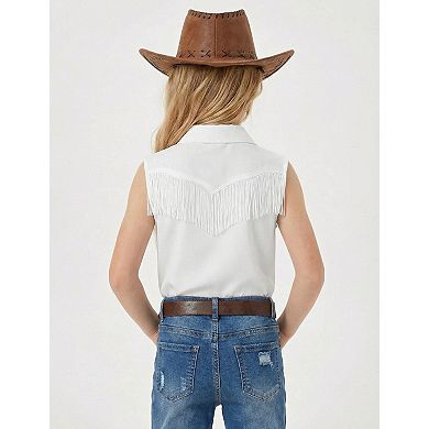 Girls Sleeveless Fringe Embroidered Button Down Shirt Top