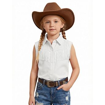 Girls Sleeveless Fringe Embroidered Button Down Shirt Top