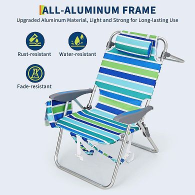 2Pcs Beach Lounge Chairs,High Backpack Portable Folding Lay Flat Beach Chair with 5 Position Recline