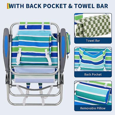 2Pcs Beach Lounge Chairs,High Backpack Portable Folding Lay Flat Beach Chair with 5 Position Recline