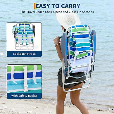 2Pcs Beach Lounge Chairs,High Backpack Portable Folding Lay Flat Beach Chair with 5 Position Recline