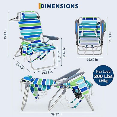 2Pcs Beach Lounge Chairs,High Backpack Portable Folding Lay Flat Beach Chair with 5 Position Recline