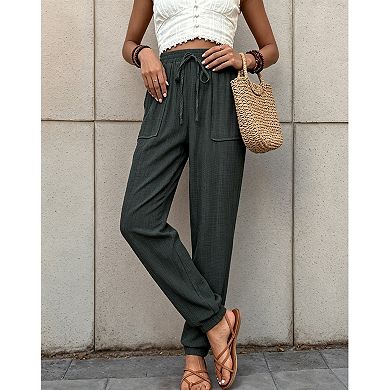 Women's Drawstring Crinkle Gauze Jogger Long Pants Loose Fit Summer Casual Boho Loungewear