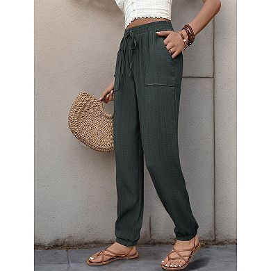 Women's Drawstring Crinkle Gauze Jogger Long Pants Loose Fit Summer Casual Boho Loungewear
