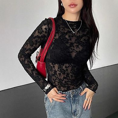 Women's Mesh Floral Mock Neck Long Sleeve See Through Shirt Lace Sheer Blouses