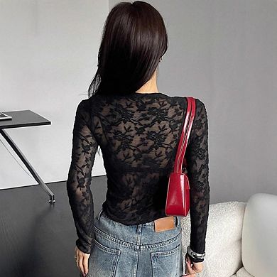Women's Mesh Floral Mock Neck Long Sleeve See Through Shirt Lace Sheer Blouses