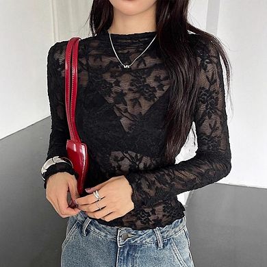 Women's Mesh Floral Mock Neck Long Sleeve See Through Shirt Lace Sheer Blouses