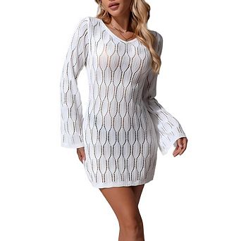 Women Swimsuit Cover Up Summer Hollow v Neck Long Sleeve Beach Dress Vacation Outfits