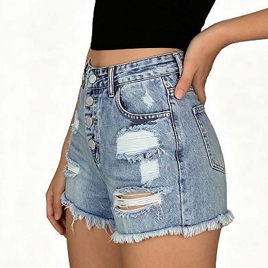 Women's Casual Distressed Denim Hot Shorts, High Waist Button Front Frayed Bottom Shorts