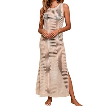 Women's Knit Crochet Beach Cover Up Maxi Dress Sleeveless Hollow Out Side Slit Swimwear Cover Up
