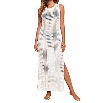 Women's Knit Crochet Beach Cover Up Maxi Dress Sleeveless Hollow Out Side Slit Swimwear Cover Up