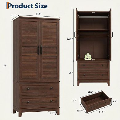 Armoire Wardrobe Closet with 2 Drawers, 72" Tall Wooden Clothing Wardrobe
