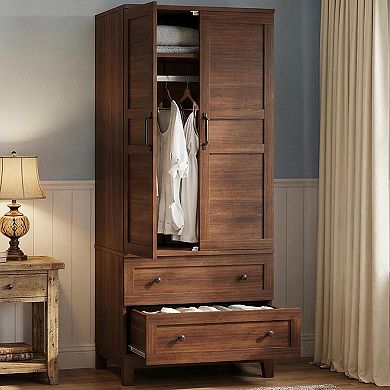 Armoire Wardrobe Closet with 2 Drawers, 72" Tall Wooden Clothing Wardrobe