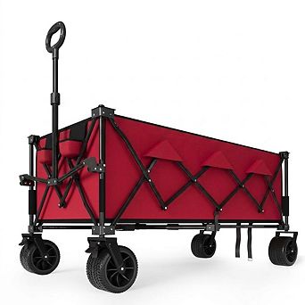 Heavy Duty Collapsible Beach Wagon, Extra Long Foldable Utility Cart with All-Terrain Wheels and Cup