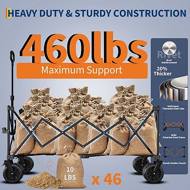 Heavy Duty Collapsible Beach Wagon, Extra Long Foldable Utility Cart with All-Terrain Wheels and Cup