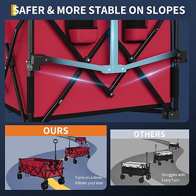 Heavy Duty Collapsible Beach Wagon, Extra Long Foldable Utility Cart with All-Terrain Wheels and Cup