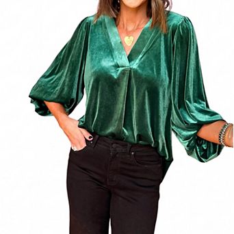 Women's Velvet V-Neck Long Sleeve Blouse