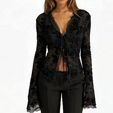 Women's Ruffled Flared Sleeve Chiffon Blouse - Fitted Parisian Style Top