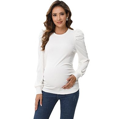 Maternity Top Long Puff Sleeves Round Neck Bodycon Pleated Shirt
