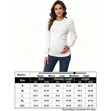 Maternity Top Long Puff Sleeves Round Neck Bodycon Pleated Shirt