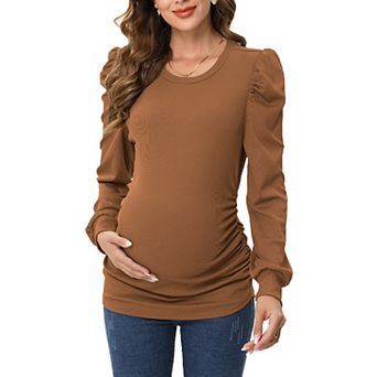 Maternity Top Long Puff Sleeves Round Neck Bodycon Pleated Shirt
