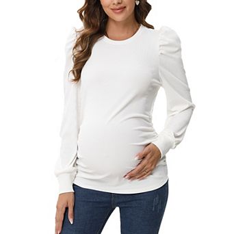 Maternity Top Long Puff Sleeves Round Neck Bodycon Pleated Shirt