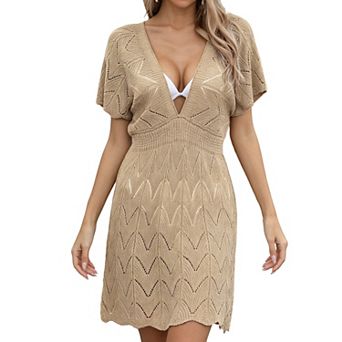 Women's Crochet Knit Beach Cover Up Dress Deep V Neck Open Back Short Sleeve Swimwear Cover Up